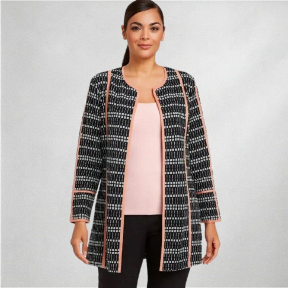 Misook Womens Cardigan L Open Front Jacket Black White Coral Trim Knit